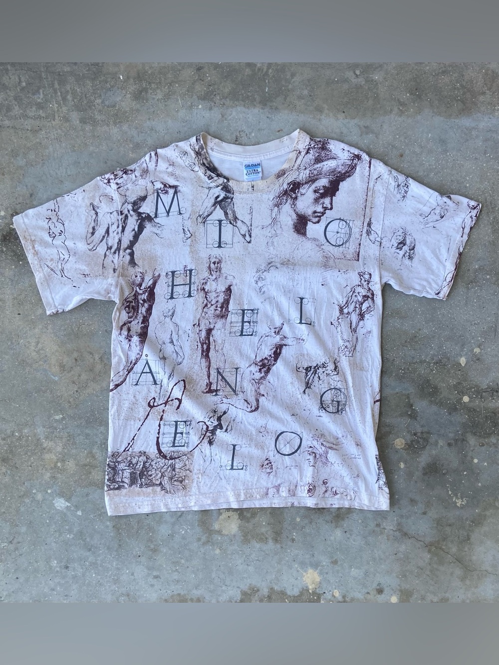 Vintage 90s Michelangelo All Over Print Art T-Shirt Mens Large AOP Gildan Ultra